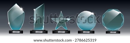 Realistic Glass Trophy Award Vector Template with Crystal Acrylic Cup and Transparent Winner Plaque