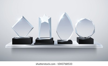 Realistic Glass Trophy Awards, Transparent Diamond Winner Prizes On Shelf Vector Illustration. Collection Of Award And Trophy Transparent Glass