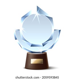 Realistic glass trophy. Modern shape crystal