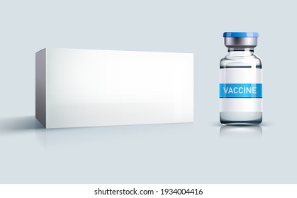 Realistic glass vial bottle with Vaccine and white box isolated on a gray background. Vaccination and immunization concept