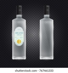 Realistic Glass Vodka Bottle With Screw Cap Isolated On Transparent Background. 3d Vector Illustration.