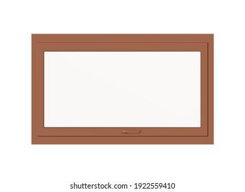 Realistic glass window with brown plastic or wooden frame, adjustment handle and an upward opening sash. Vector 3D illustration isolated on a white background