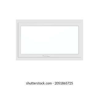 Realistic glass window with white plastic frame, adjustment handle and an upward-opening sash. Vector 3D illustration isolated on a white background