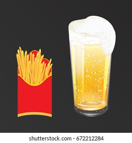 Realistic glass with yellow and golden beer, white foam, dew drops, cheese sticks in a paper bag - isolated on a black background - art, creative, modern vector illustration,
