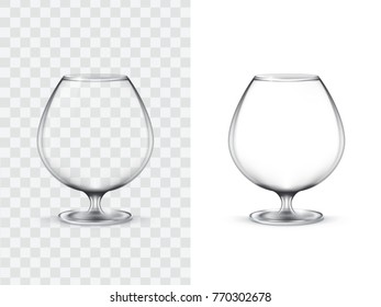 Realistic glasses for alcohol, snifter, vector illustration isolated on white and transparent background. Mock up, template of strong alcoholic drinks, such as cognac, brandy, whiskey