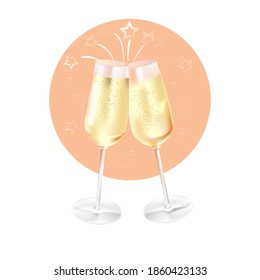 Realistic glasses of champagne with a hand-drawn sparks.