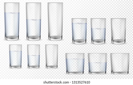 Realistic glasses for drinks with water cups set. 3D transparent dishes for water juice, bar drinks and non-alcoholic, alcoholic beverages. Empty, half and full water glasses.