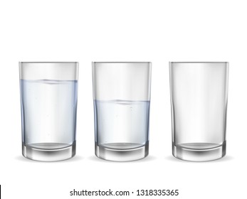 Realistic glasses for drinks with water cups set. 3D transparent dishes for water juice, bar drinks and non-alcoholic, alcoholic beverages. Empty, half and full water glasses.