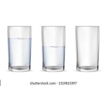 Realistic glasses for drinks with water cups set. 3D transparent dishes for water juice, bar drinks and non-alcoholic, alcoholic beverages. Empty, half and full water glasses.