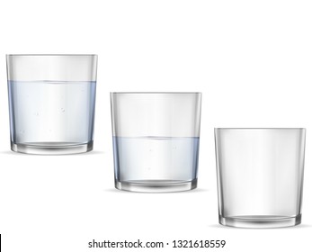 Realistic glasses for drinks with water cups set. 3D transparent dishes for water juice, bar drinks and non-alcoholic, alcoholic beverages. Empty, half and full water glasses.