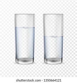 Realistic glasses for drinks with water cups set. 3D transparent dishes for water juice, bar drinks and non-alcoholic, alcoholic beverages. Empty, half and full water glasses. 