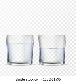 Realistic glasses for drinks with water cups set. 3D transparent dishes for water juice, bar drinks and non-alcoholic, alcoholic beverages. Empty, half and full water glasses. 