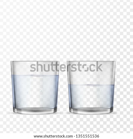 Realistic glasses for drinks with water cups set. 3D transparent dishes for water juice, bar drinks and non-alcoholic, alcoholic beverages. Empty, half and full water glasses. 