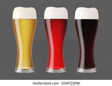 Realistic glasses filled with red, dark and blond beer with bubbles and foam. Transparent vector illustration