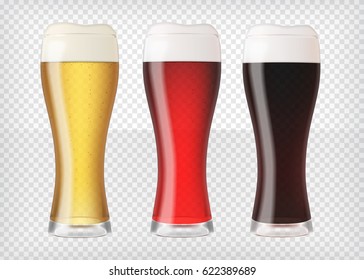 Realistic glasses filled with red, dark, blond beer with bubbles and foam. Transparent vector illustration