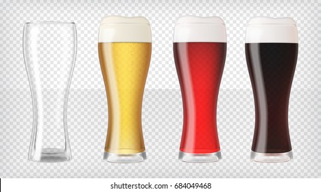 Realistic glasses filled with red, dark, blond beer with bubbles and foam and an empty glass. Transparent vector illustration