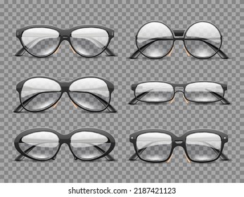 Realistic glasses. Ocular plastic frames with transparent lenses, classic models top and angle view, eyes care, vision improvement objects different from, fashion accessory utter vector set