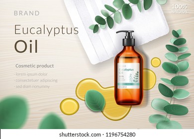 Realistic glassware bottle with eucalypti liquid and eucalyptus branch with leaves, oil blob or splash. Medical 3d spray or dispenser, aerosol near liquid and plant.Medical advertising, branding theme