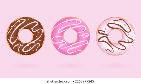 Realistic glazed donut cake illustration set. Bakery breakfast sweet pastry food, 3d vector round doughnuts. Doughnut desserts with chocolate cream, pink icing and sprinkles. Decorations for menu.