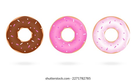 Realistic glazed donut cake illustration set. Doughnut desserts with chocolate cream, pink icing and sprinkles. Bakery breakfast sweet pastry food, 3d vector round doughnuts. Decorations for menu.