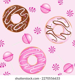 Realistic glazed donut cake, lollipop seamless pattern. Bakery breakfast sweet pastry food, 3d vector candy. Doughnut desserts with chocolate cream, pink icing and sprinkles. Decorations for menu.