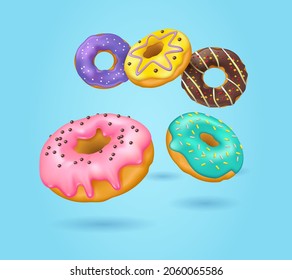Realistic glazed donuts with sprinkles. 3d vector background