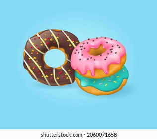 Donuts glaseados realistas con rociadores. 3.ᵉʳ fondo vectorial