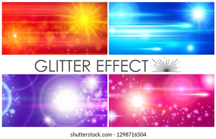 Realistic glitter light effects composition with colorful sparkles lens flares and sunlight effects vector illustration