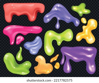 Realistic glitter slime large and small liquid drops of different colors on transparent background icon set vector illustration