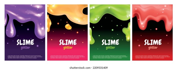 Realistic glitter slime poster set with four vertical backgrounds editable ornate text and colorful liquid blots vector illustration