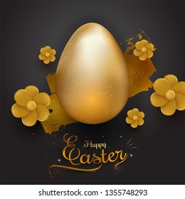 Realistic glittering golden color egg and beautiful flower on black background with stylish text of Happy Easter poster or flyer design.