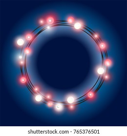 Realistic Glittering round string of Christmas`s garland made of incandescent lamps vector white & red light on dark blue background 