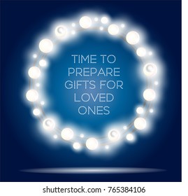 Realistic Glittering round string of Christmas`s garland made of incandescent lamps vector white light on dark blue background 