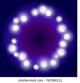 Realistic Glittering round string of Christmas`s garland made of incandescent lamps vector white light on dark blue background 