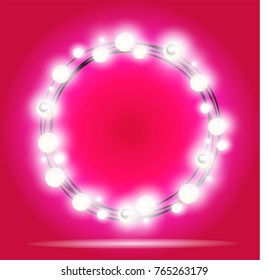 Realistic Glittering round string of New Year`s garland made of incandescent lamps vector magenta background