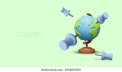 Globo realista y pines azules en diferentes posiciones. Concepto de viajes al extranjero y turismo