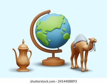 Realistic globe, camel, Arab teapot. Concept of travel to eastern countries. Familiarity with Arab culture and cuisine. Poster for advertising in social networks