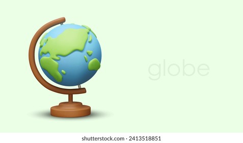 Realistic globe in cartoon style. School accessories for studying geography. Concept of travel, deliveries around world. International partnership. Vector poster for web design