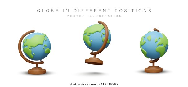 Realistic globe in different positions. Planet Earth hemispheres with continents concept. World map studying. Vector illustration in 3d style with place for text