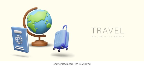 Realistic globe, passport, suitcase. Time to travel. Vector mockup for advertising travel business. Booking service. Low cost adventure. Promotional header. Vacations abroad