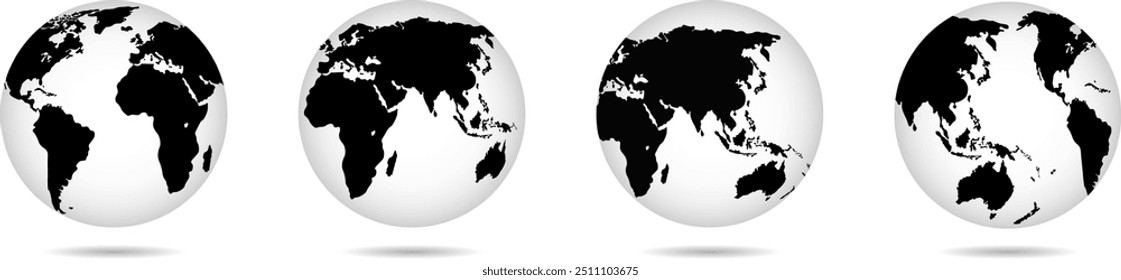 "Realistic globe-shaped Earth icons with world maps, perfect for global designs."