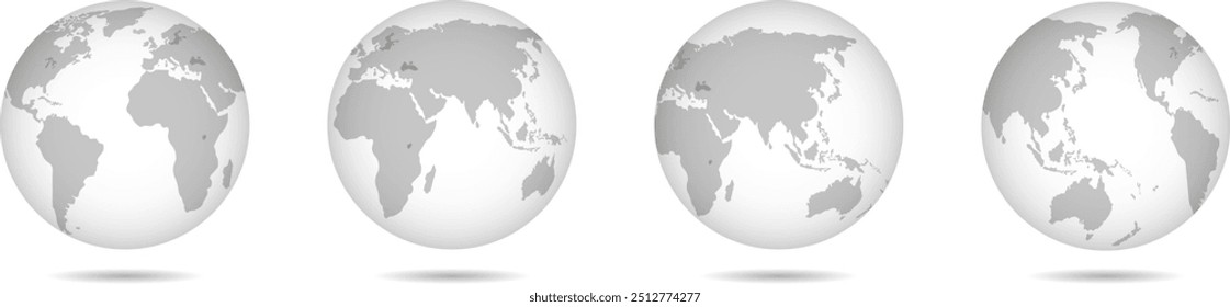 "Realistic globe-shaped Earth icons with world maps, perfect for global designs."