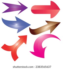 realistic glossy 3D curve arrows.3d arrows on white background. shiny 3d arrow, Set of shiny signs. Vector illustration