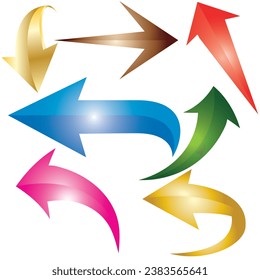 realistic glossy 3D curve arrows.3d arrows on white background. shiny 3d arrow, Set of shiny signs. Vector illustration