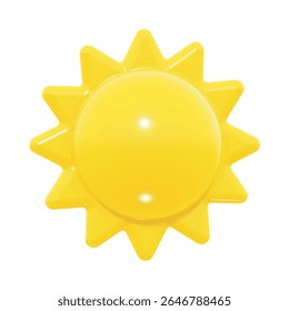 Realistic glossy 3D vector sun. Bright weather icon with shiny surface and bold yellow color. Perfect for weather forecasts, mobile apps, summer promotions, isolated on white.