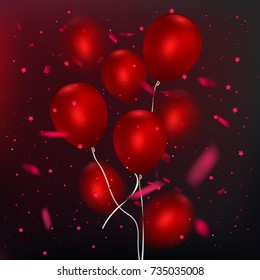 Realistic glossy balloons on dark background, Red balloon bunch. Decoration element for holiday event invitation design