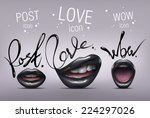 Realistic glossy black and sexy Lips Icons with stylized Post, Love and Wow words. Vector