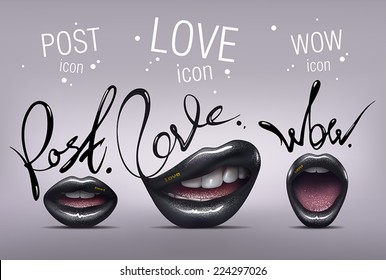 Realistic glossy black and sexy Lips Icons with stylized Post, Love and Wow words. Vector