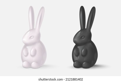 Realistic glossy black and white bunnies, rabbits. Symbol of 2023 year. Happy Easter poster. Vector illustration for card, party, design, flyer, decor, banner, web, advertising.