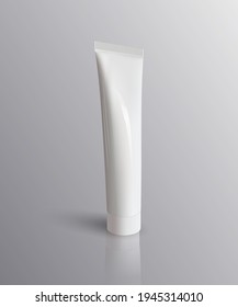 Realistic glossy blank plastic tube mockup in vector on grey background. Cosmetic packaging for skin care products such as moisturizer, cream, gel and more